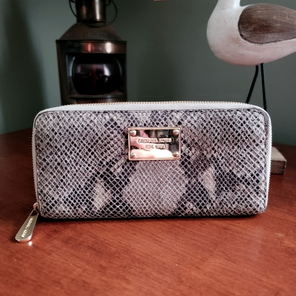 Michael Kors Jet Set Continental Zip Around Leather Wallet Python Embossed Taupe